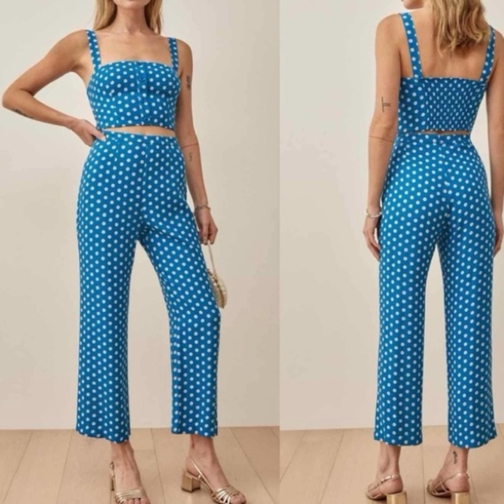 Reformation Blue and White Flower Polka Dot Pants